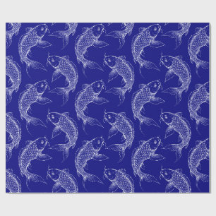 Navy blue and white Koi fish Japanese Wrapping Paper