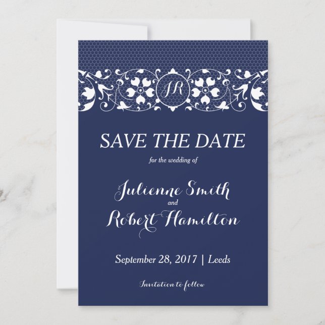 Navy Blue and White Lace Monogram Save the date (Front)