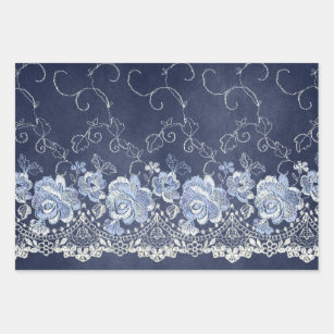 Navy Blue and White Lace Wrapping Paper Sheet