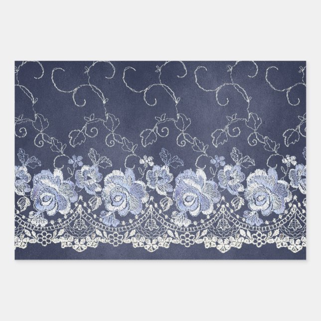 Navy Blue and White Lace Wrapping Paper Sheet (Front)