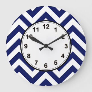 Navy Blue and White Large Chevron ZigZag Pattern Clock