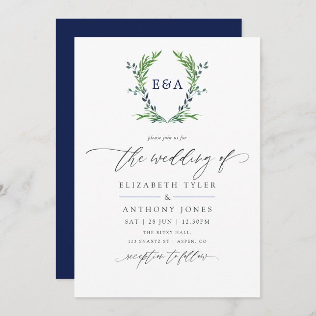 Navy Blue and White Laurel Crest Monogram Wedding Invitation (Front/Back)