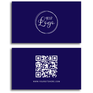 Navy Blue and White Logo Minimalist QR Code Business Card