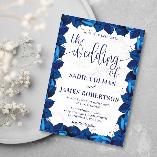 Navy Blue and White Marble Floral Frame Wedding Invitation (Creator Uploaded)