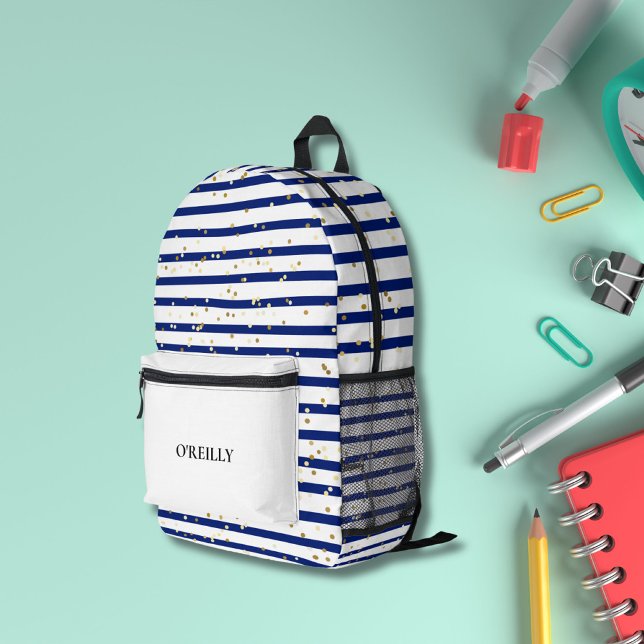 Navy Blue and White Marine Stipes Modern Monogram Printed Backpack (Creator Uploaded)
