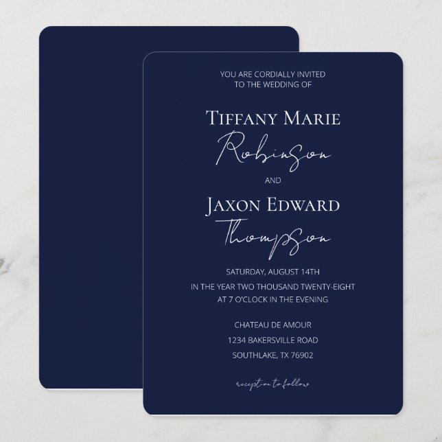 Navy Blue and White Minimalist Elegance Wedding Invitation (Front/Back)