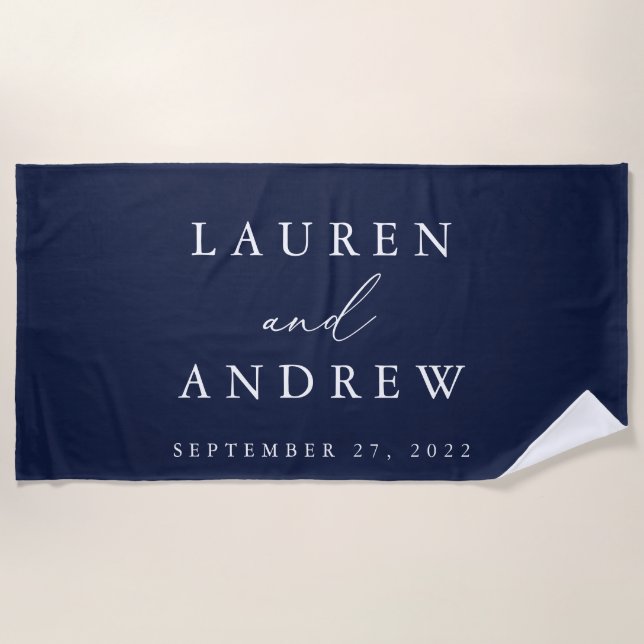 Navy Blue and White Minimalist Personalised  Beach Towel (Front)
