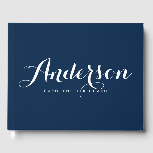 Navy Blue and White Modern Calligraphy Wedding Guest Book (Front)