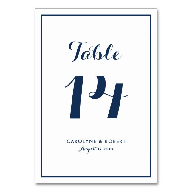 Navy Blue and White Modern Calligraphy Wedding Table Number (Front)
