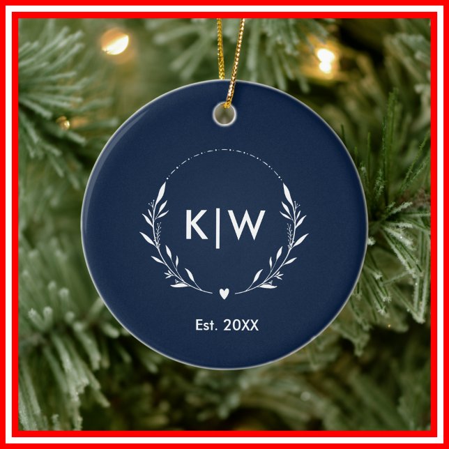 Navy Blue and White | Modern Initials Monogram Ceramic Tree Decoration (Navy Blue and White | Modern Initials Monogram Ceramic Ornament)