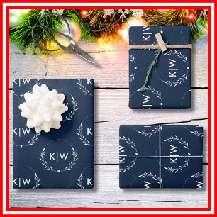 Navy Blue and White Modern Initials Monogram Wrapping Paper Sheet