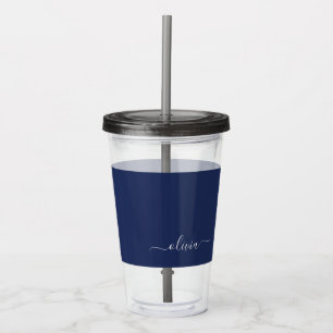 Navy Blue and White Modern Monogram Acrylic Tumbler