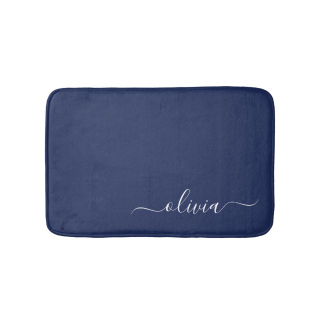 Navy Blue and White Modern Monogram Bath Mat (Front)