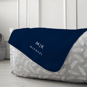 Navy Blue and White | Modern Monogram Fleece Blanket