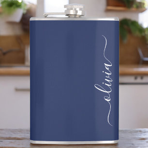 Navy Blue and White Modern Monogram Hip Flask
