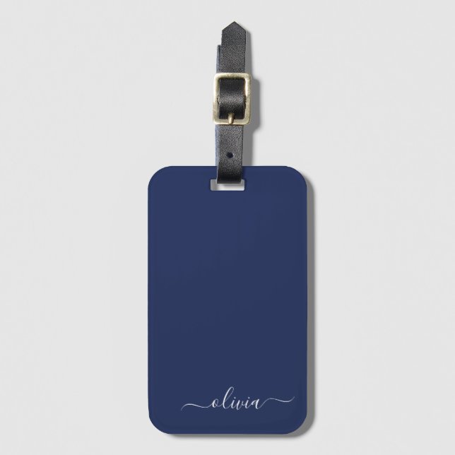 Navy Blue and White Modern Monogram Luggage Tag (Front Vertical)