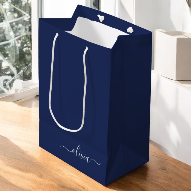 Navy Blue and White Modern Monogram Medium Gift Bag (Creator Uploaded)