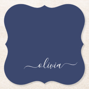 Navy Blue and White Modern Monogram Paper Coaster