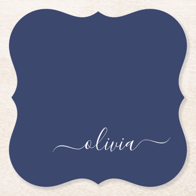 Navy Blue and White Modern Monogram Paper Coaster (Front)