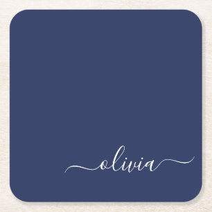 Navy Blue and White Modern Monogram Square Paper Coaster