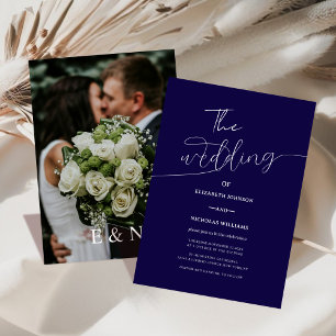 navy blue and white modern photo wedding invitation
