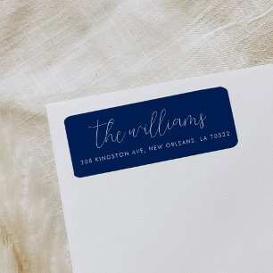 Navy Blue and White Modern Script Return Address