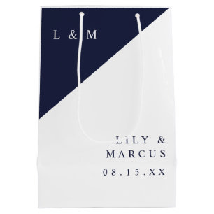 Navy Blue And White Mongoram Minimalist Wedding Medium Gift Bag