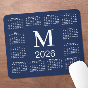 Navy Blue and White Monogram 2026 Calendar Mouse Mat