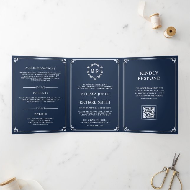 Navy Blue and White Monogram QR Code Wedding Tri-Fold Invitation (Inside)