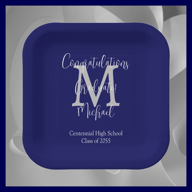 Navy Blue and White Monogrammed Graduation Party Paper Plate (Creator Uploaded)