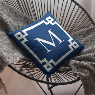 Navy Blue and White Monogrammed Greek Key Border Cushion