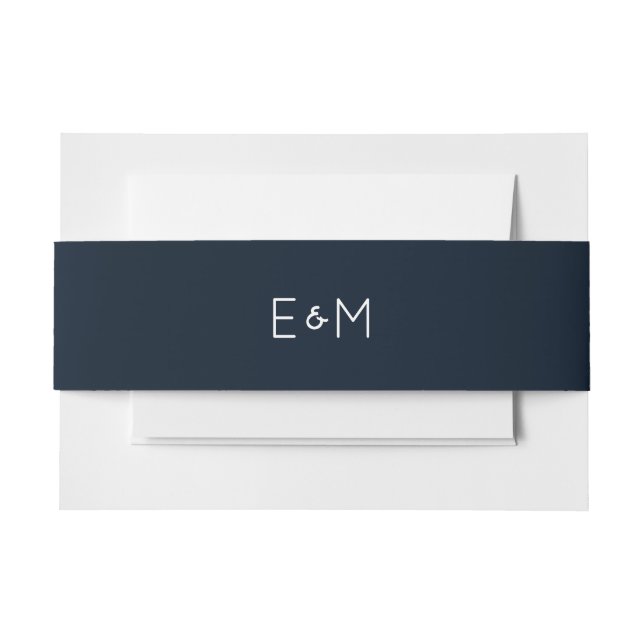 Navy Blue and white Monogrammed Wedding Invitation Belly Band (Front Example)