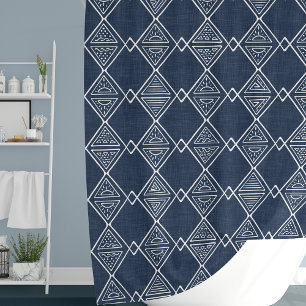 Navy Blue and White Mudcloth Inspired Tribal Print Shower Curtain