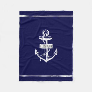 Navy blue and white nautical anchor and lines fleece blanket