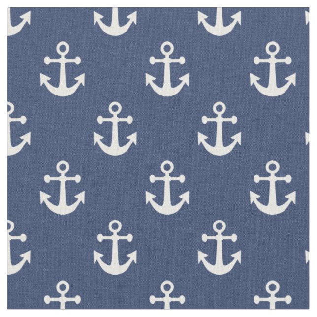 Navy Blue and White Nautical Anchors Pattern Fabric (Close Up)
