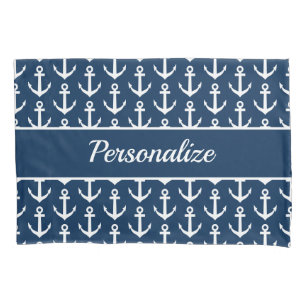 Navy blue and white nautical boat anchor custom pillowcase