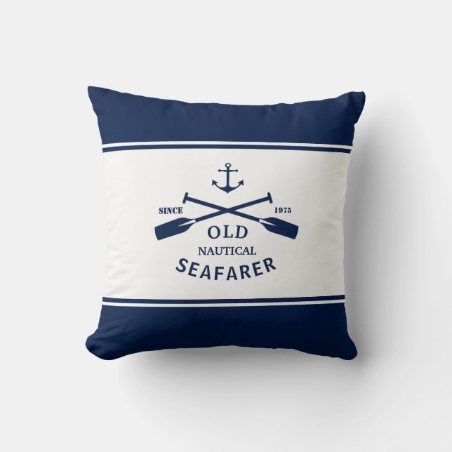 Navy Blue and White Nautical Label Throw Pillow (Front)