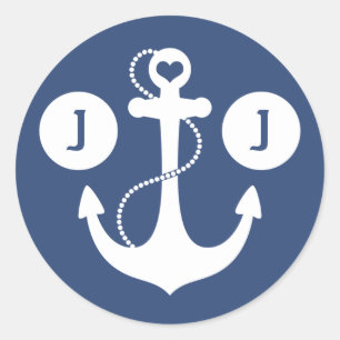 Navy Blue and White Nautical Monogram Classic Round Sticker