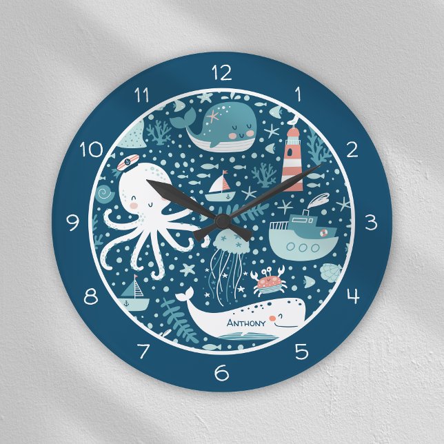 Navy Blue and White Nautical Ocean Pattern Boy Large Clock (Creator Uploaded)