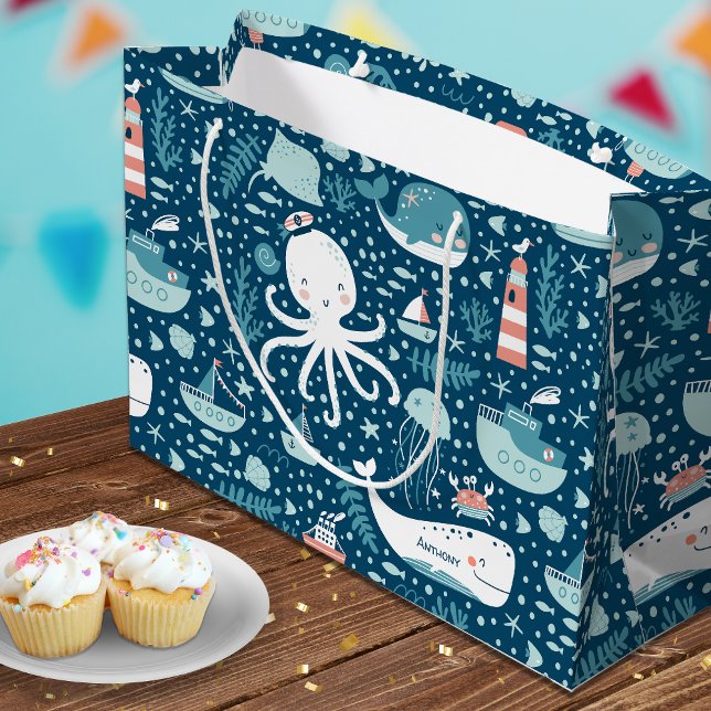 Navy Blue and White Nautical Ocean Pattern Boy Large Gift Bag (Creator Uploaded)