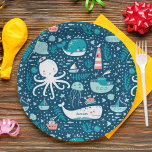 Navy Blue and White Nautical Ocean Pattern Boy Paper Plate<br><div class="desc">Add a custom nautical touch to your little kid's birthday party with this adorable ocean set of paper plates. Each plate has a pattern of a whale, octopus, sailboat, steam boat, jellyfish, submarine, and lighthouse on a navy blue background. Plate may be personalised with the first name of your kid....</div>