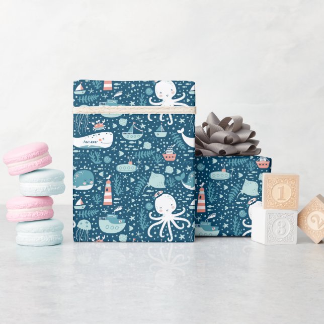 Navy Blue and White Nautical Ocean Pattern Boy Wrapping Paper (Baby Shower)