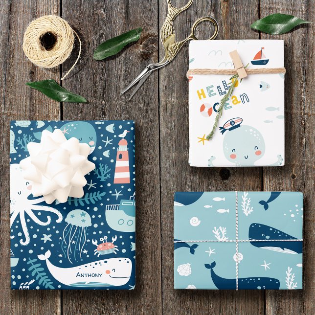 Navy Blue and White Nautical Ocean Pattern Boy Wrapping Paper Sheet (Creator Uploaded)