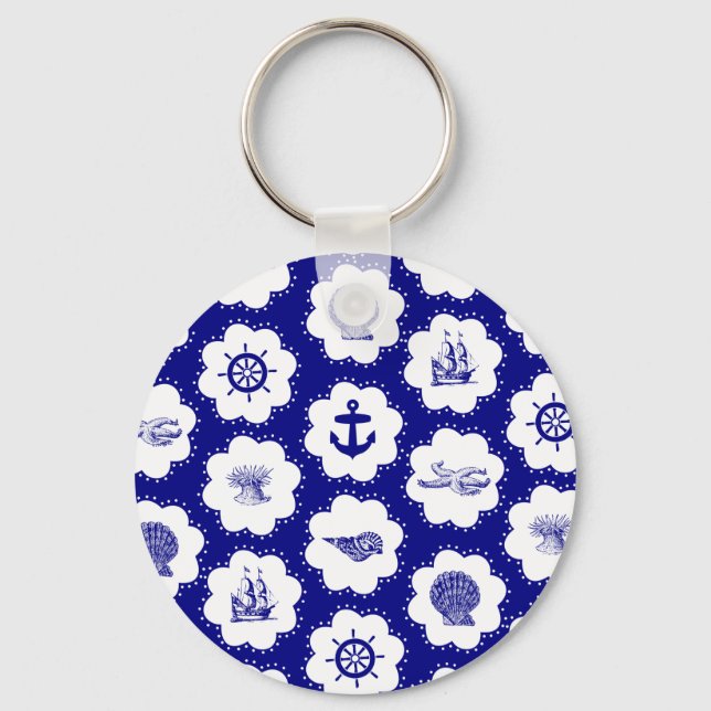 Navy Blue and White Nautical Pattern Key Ring (Front)