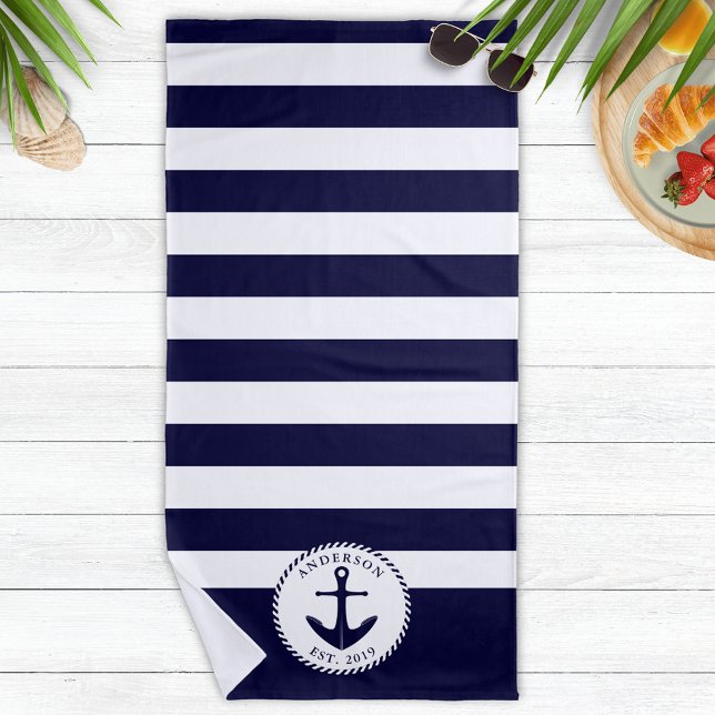 Navy Blue and White Nautical Ship Anchor Beach Towel (Navy Blue and White Nautical Beach Towel with Anchor and Stripes - Type Your Text Before Ordering)