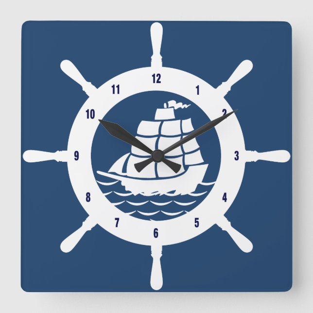 Navy Blue And White Nautical Wheel Square Wall Clock (Front)