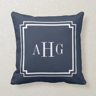 Navy Blue and White Notched Corner Custom Monogram Cushion