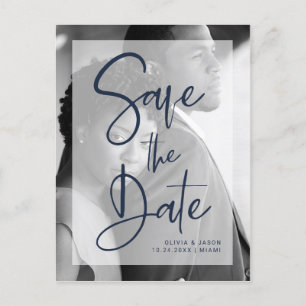 Navy Blue and White Overlay Photo Save the Date Announcement Postcard