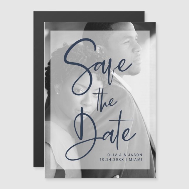 Navy Blue and White Overlay | Photo Save the Date Magnetic Invitation (Front/Back)