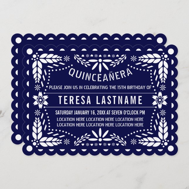 Navy blue and white papel picado Quinceañera Invitation (Front/Back)
